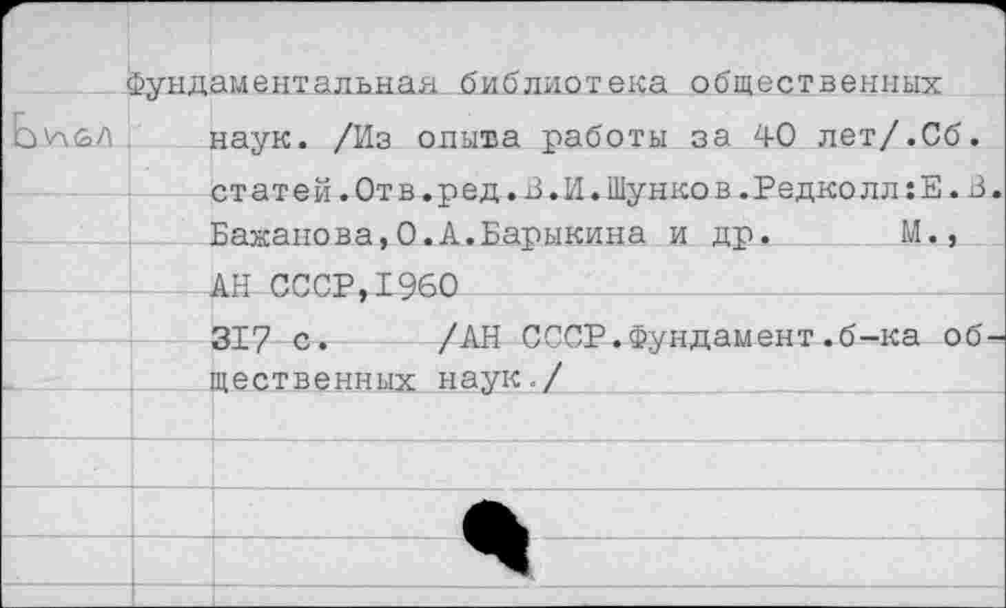 ﻿	I	Фундаментальная библиотека общественных наук. /Из опыта работы за 40 лет/.Об. статей.Отв.ред.В.И.Шунков.Редколл:Е.В. Бажанова.0.А.Баныкина и до.	М.,	
		АН СССР, 1960 ЗТ7 г.	/АН СССР.Фундамент .б-ка об—
		щественных наук./
		
		
		Ж
		